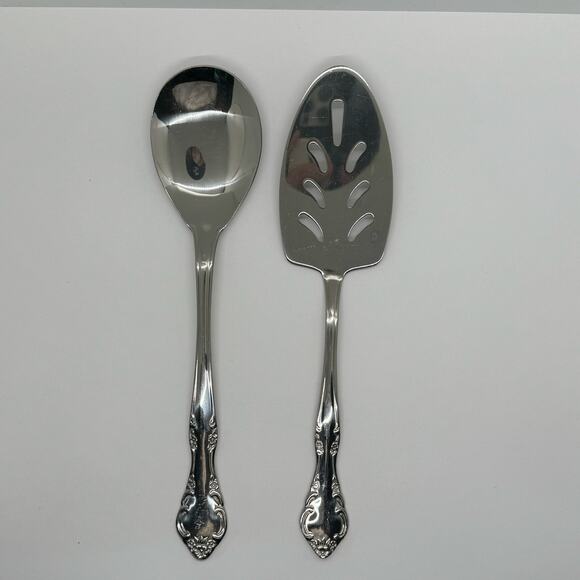 Estia Stainless Serving Set Large Spoon Pierced Spatula Pie Server Floral Motif - Picture 1 of 7